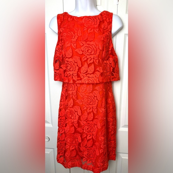 New NICOLE MILLER Artelier Vibrant Lace Orange Dress Shift Sheath Layered Floral - Picture 2 of 11